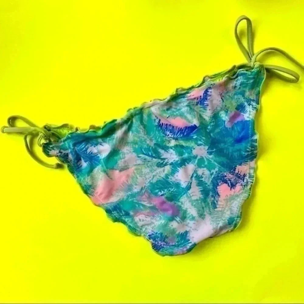 Ruffle Trim SideTie Bikini Bottom Tropical Print L